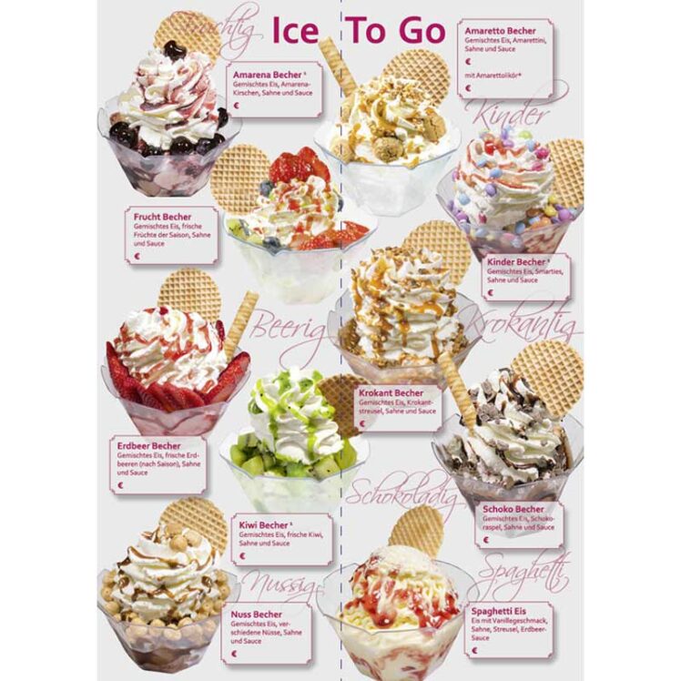Innenseite unserer Eiskarte für den Außer-Haus-Verkauf, mit Eisbechern zum Mitnehmen oder Ice To Go Bechern